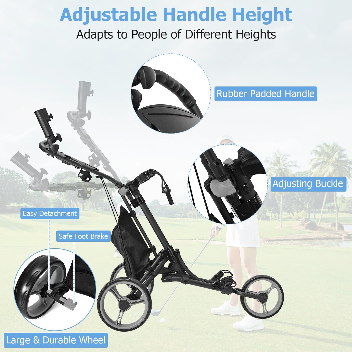 3 Wheel Golf Push Pull Cart with Adjustable Height Handle-Grey