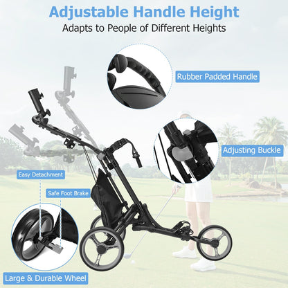 3 Wheel Golf Push Pull Cart with Adjustable Height Handle-Grey
