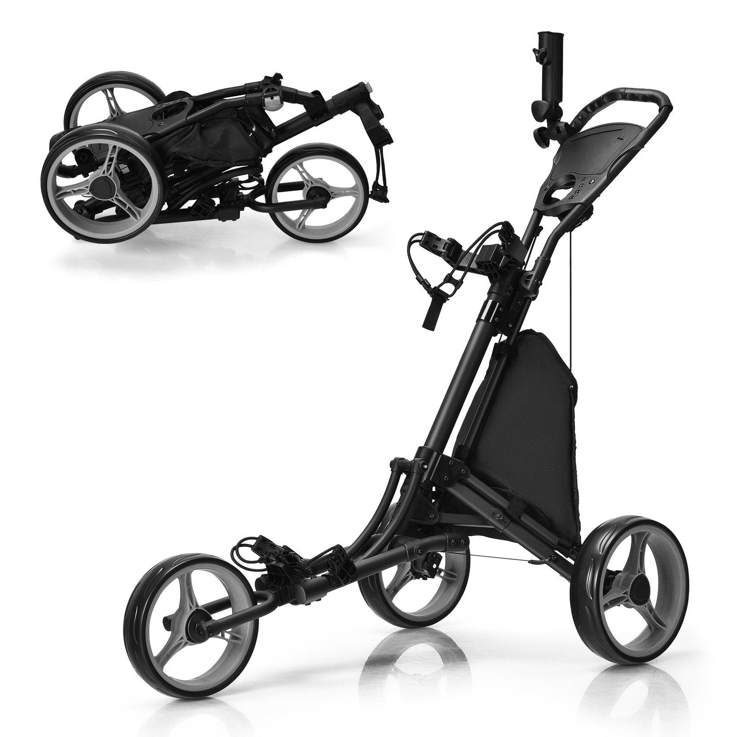 3 Wheel Golf Push Pull Cart with Adjustable Height Handle-Grey
