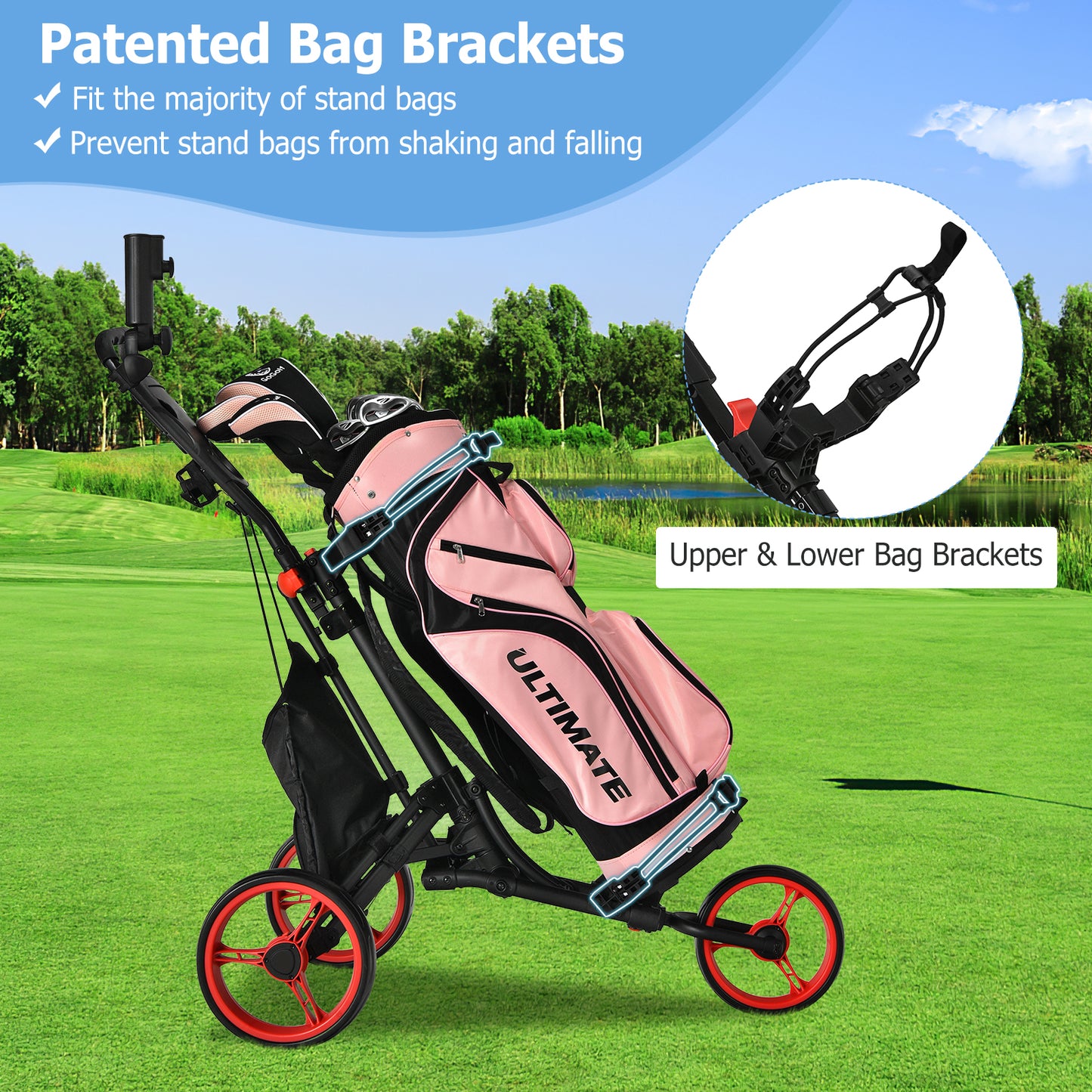 3 Wheel Golf Push Pull Cart with Adjustable Height Handle-Red