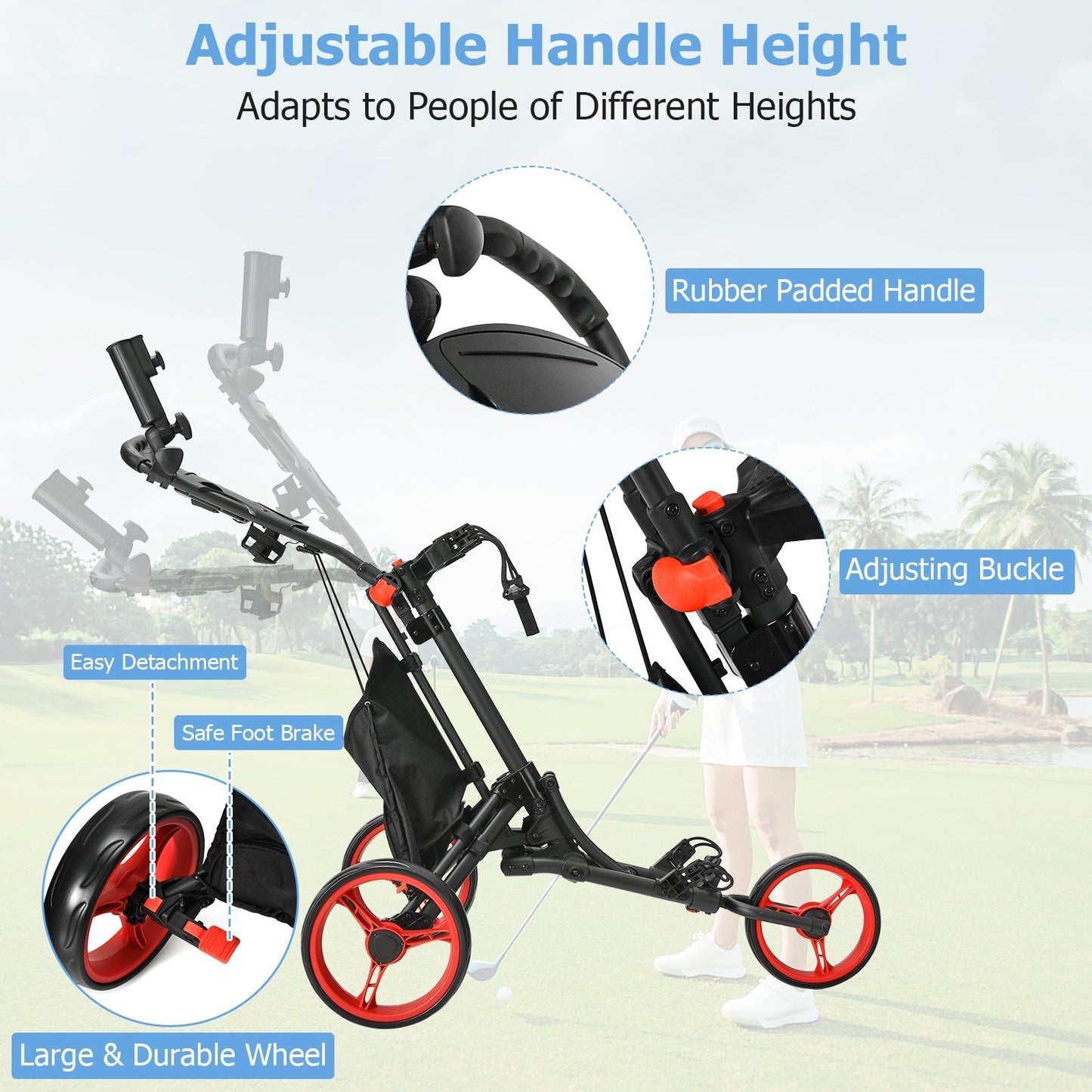 3 Wheel Golf Push Pull Cart with Adjustable Height Handle-Red
