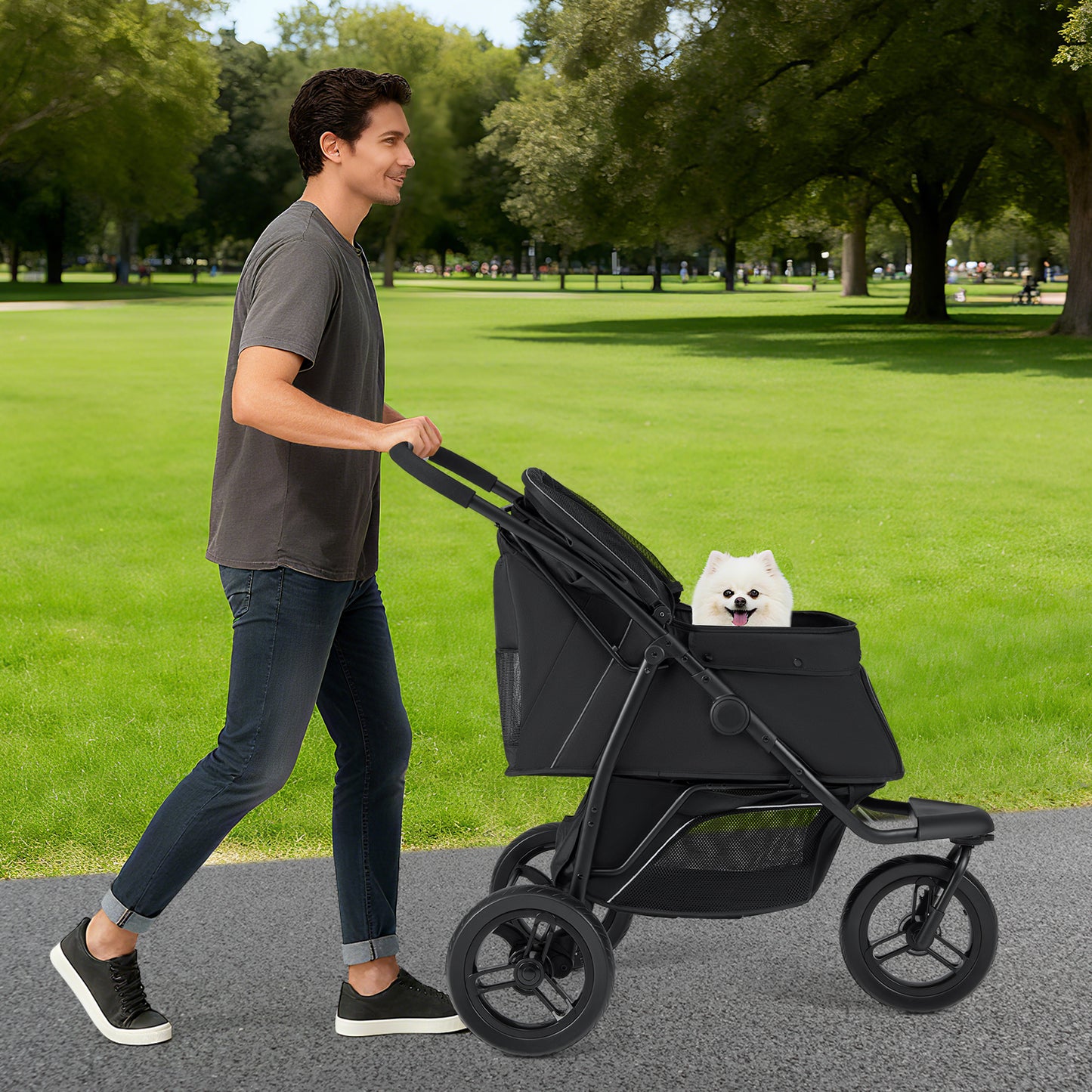 3-Wheel Pet Stroller for Small and Medium Dogs with All-Terrain Wheels-Black