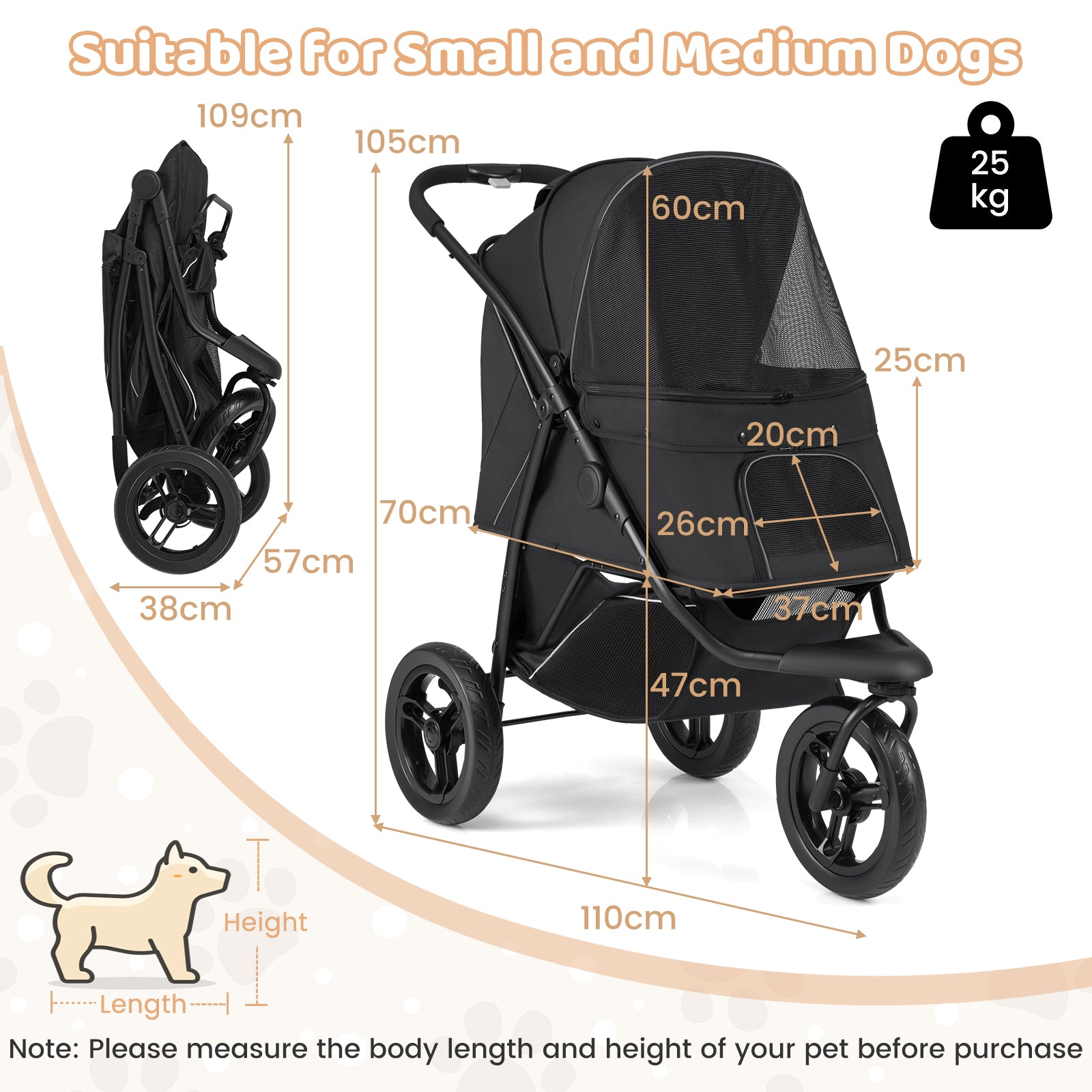 3-Wheel Pet Stroller for Small and Medium Dogs with All-Terrain Wheels-Black