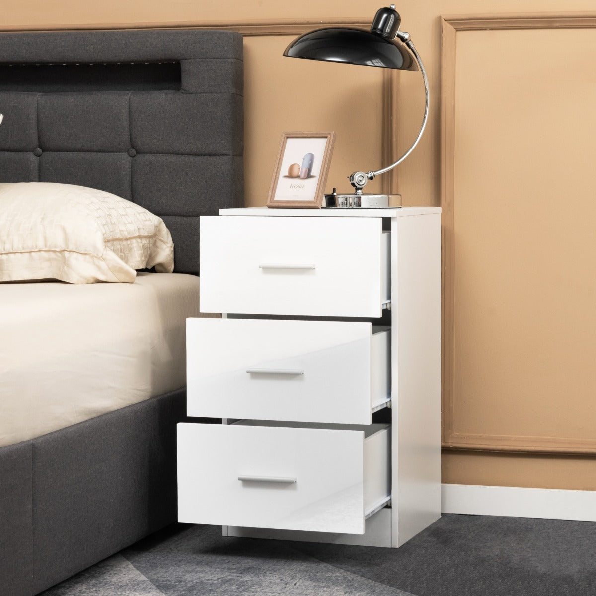 3-Drawer Wooden Dresser Cabinet Set of 2 with Anti-Toppling Device-White