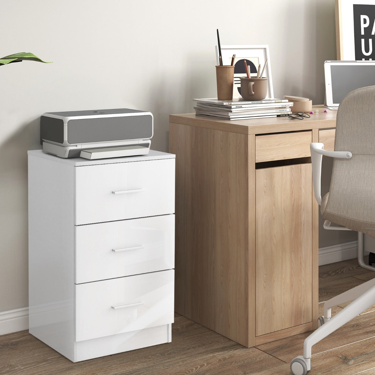3-Drawer Wooden Dresser Cabinet Set of 2 with Anti-Toppling Device-White