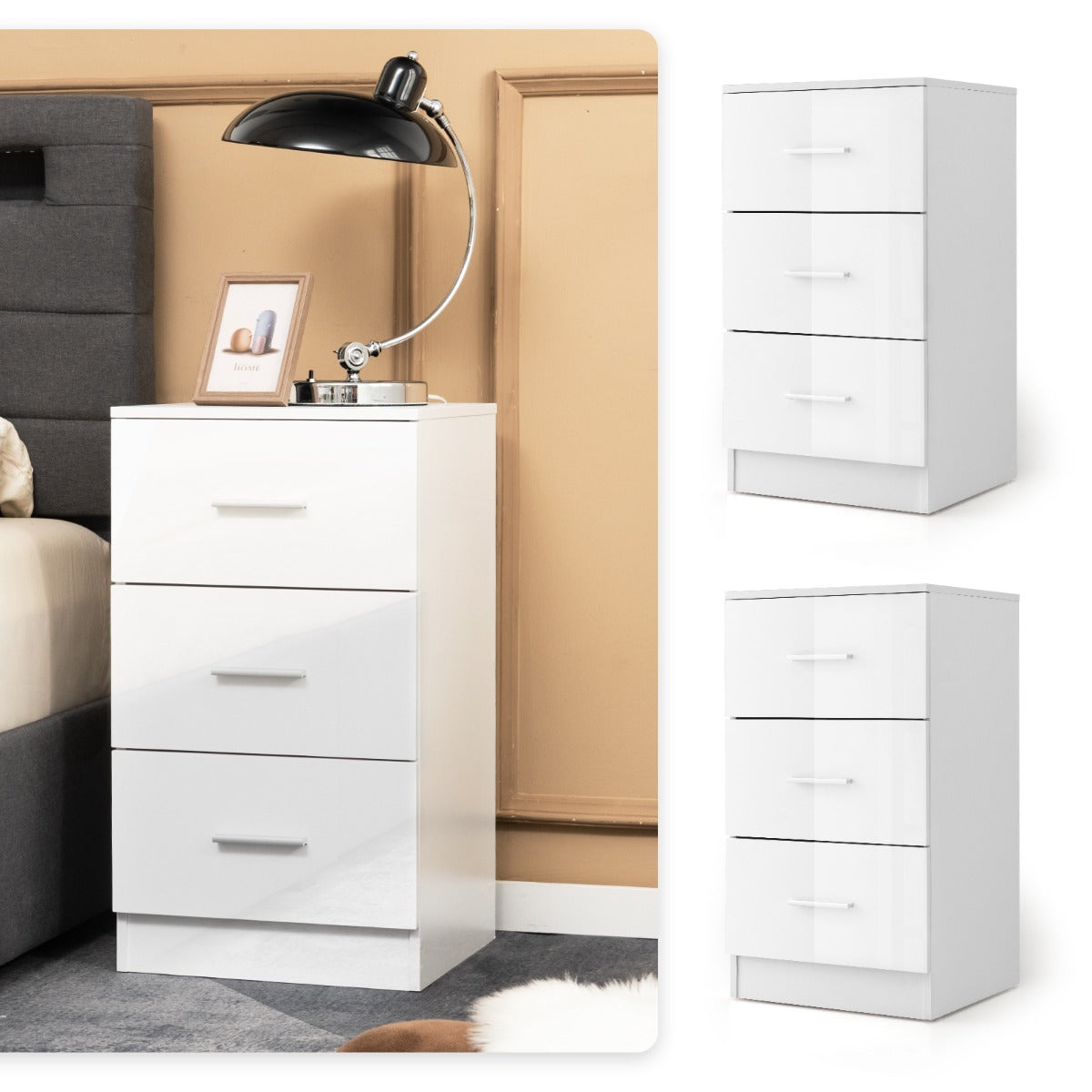3-Drawer Wooden Dresser Cabinet Set of 2 with Anti-Toppling Device-White