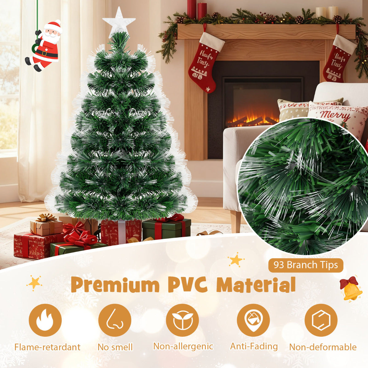3 FT Fiber Optic Christmas Tree Artificial Pre-Lit Xmas Tree with 93 Branch Tips