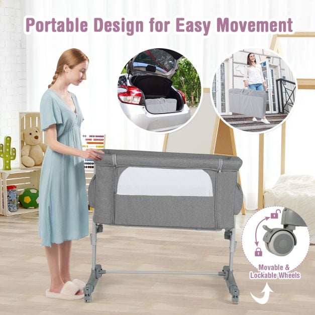 3-in-1 Adjustable Baby Bedside Bassinet with Mattress-Light Grey