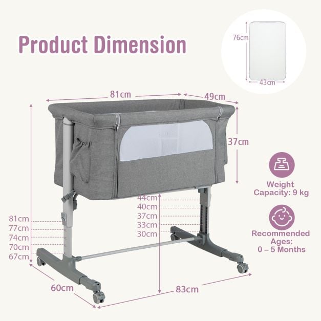 3-in-1 Adjustable Baby Bedside Bassinet with Mattress-Light Grey