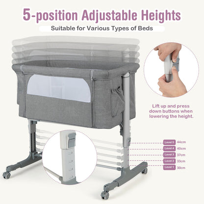 3-in-1 Adjustable Baby Bedside Bassinet with Mattress-Light Grey
