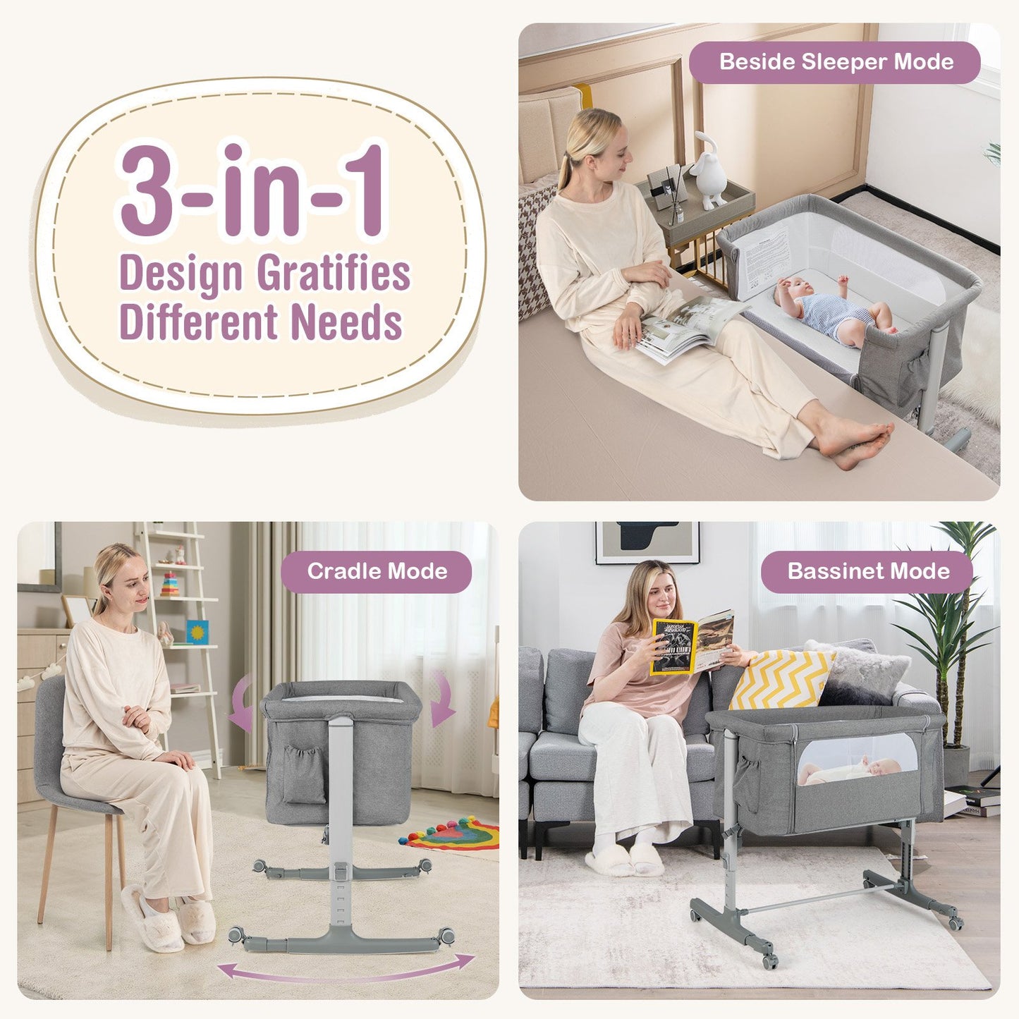 3-in-1 Adjustable Baby Bedside Bassinet with Mattress-Light Grey