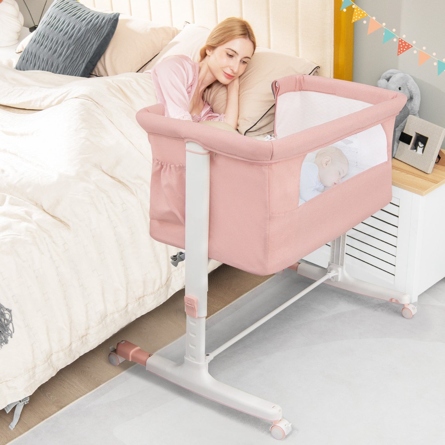 3-in-1 Adjustable Baby Bedside Bassinet with Mattress-Pink