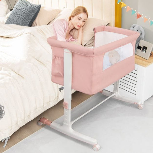 3-in-1 Adjustable Baby Bedside Bassinet with Mattress-Pink