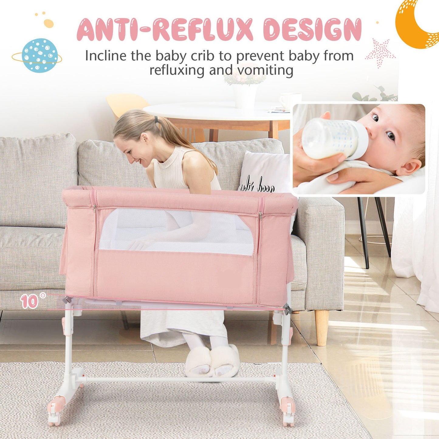 3-in-1 Adjustable Baby Bedside Bassinet with Mattress-Pink