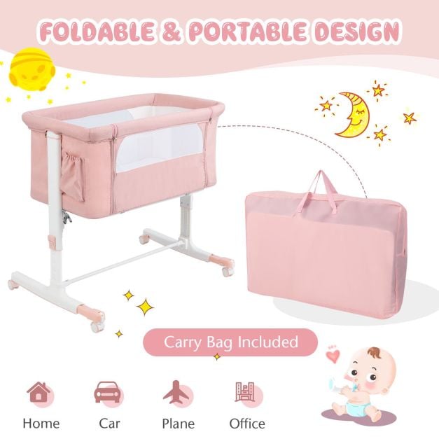 3-in-1 Adjustable Baby Bedside Bassinet with Mattress-Pink