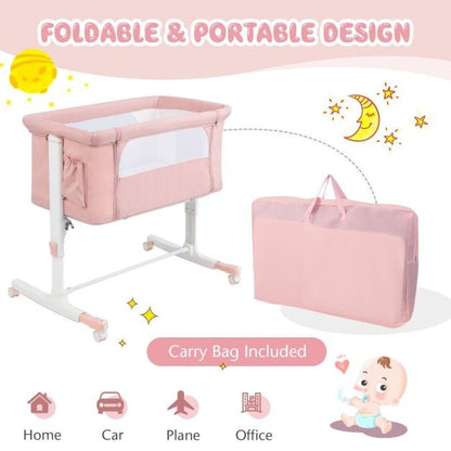 3-in-1 Adjustable Baby Bedside Bassinet with Mattress-Pink