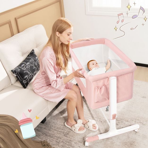 3-in-1 Adjustable Baby Bedside Bassinet with Mattress-Pink