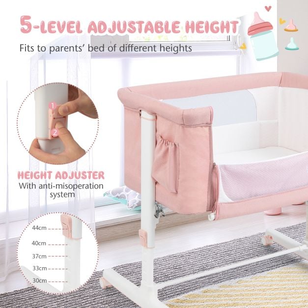 3-in-1 Adjustable Baby Bedside Bassinet with Mattress-Pink