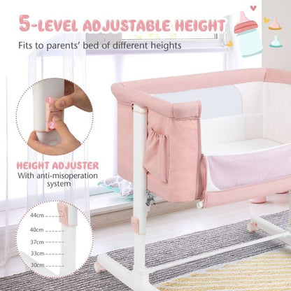 3-in-1 Adjustable Baby Bedside Bassinet with Mattress-Pink