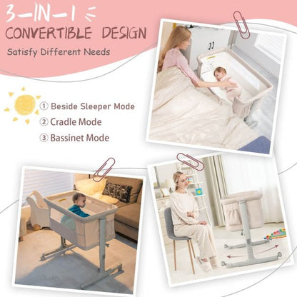 3-in-1 Adjustable Baby Bedside Bassinet with Mattress-Beige