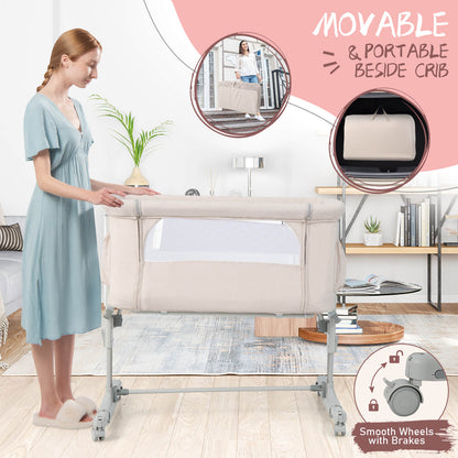 3-in-1 Adjustable Baby Bedside Bassinet with Mattress-Beige