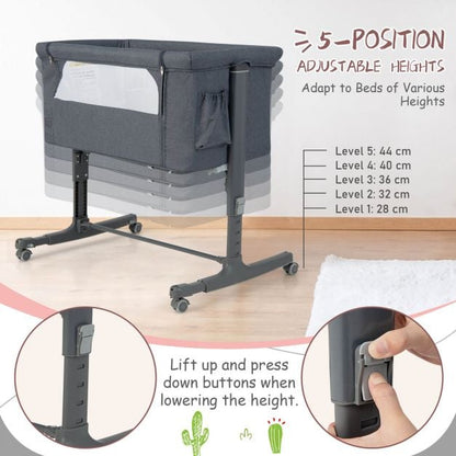 3-in-1 Adjustable Baby Bedside Bassinet with Mattress-Grey