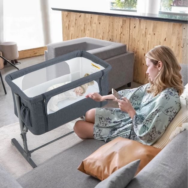 3-in-1 Adjustable Baby Bedside Bassinet with Mattress-Grey