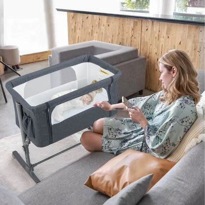 3-in-1 Adjustable Baby Bedside Bassinet with Mattress-Grey