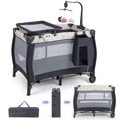 3 in 1 Baby Activity Center Foldable Pack and Play with Diaper Changing Table-Black