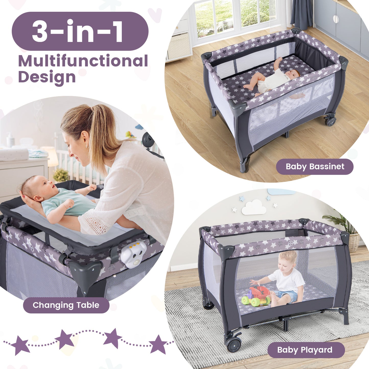 3 in 1 Baby Activity Center Foldable Pack and Play with Diaper Changing Table-Grey