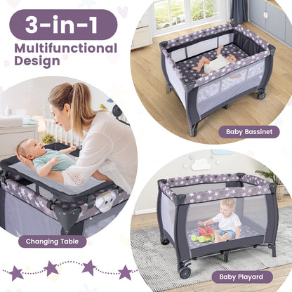 3 in 1 Baby Activity Center Foldable Pack and Play with Diaper Changing Table-Grey