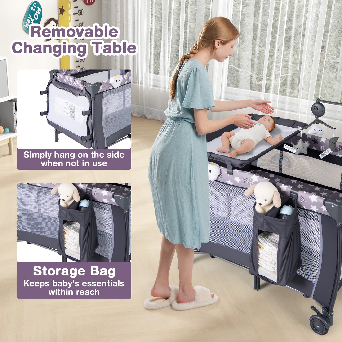 3 in 1 Baby Activity Center Foldable Pack and Play with Diaper Changing Table-Grey