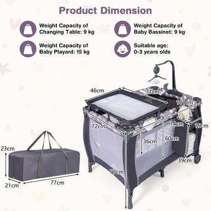 3 in 1 Baby Activity Center Foldable Pack and Play with Diaper Changing Table-Grey