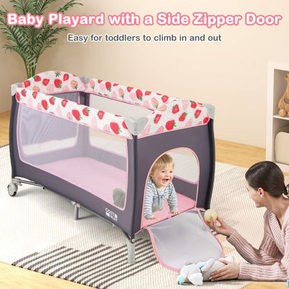 3 in 1 Baby Playard Portable Infant Nursery Center with Toy Bar-Pink