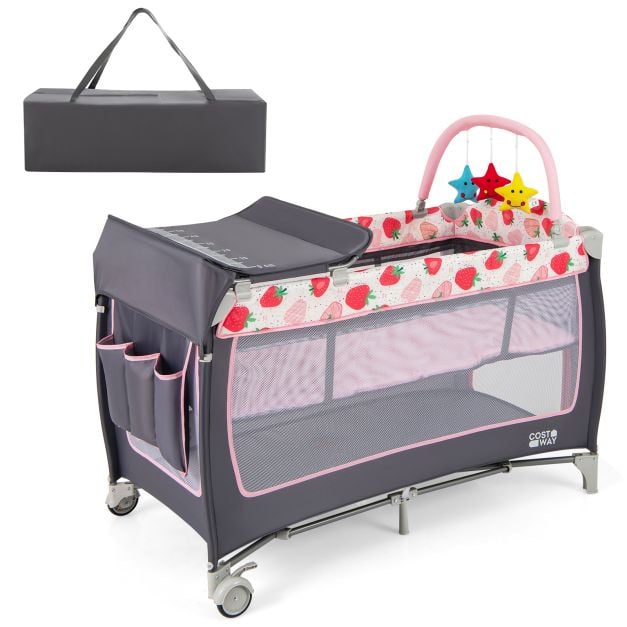 3 in 1 Baby Playard Portable Infant Nursery Center with Toy Bar-Pink