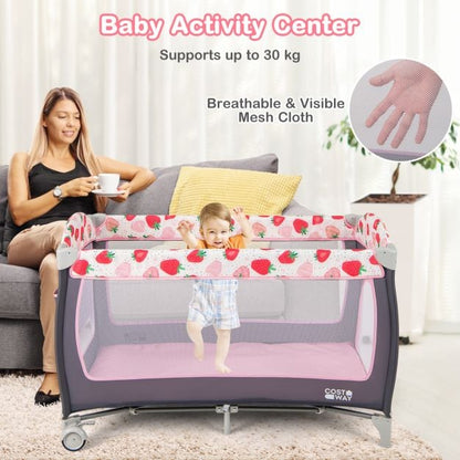 3 in 1 Baby Playard Portable Infant Nursery Center with Toy Bar-Pink