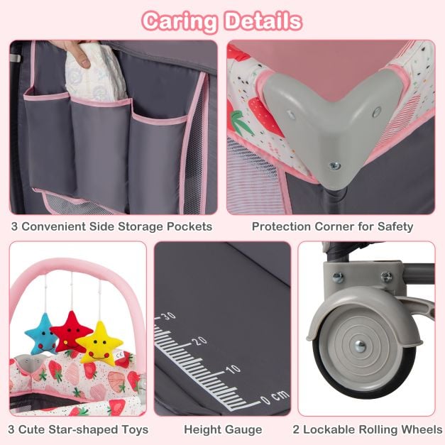 3 in 1 Baby Playard Portable Infant Nursery Center with Toy Bar-Pink