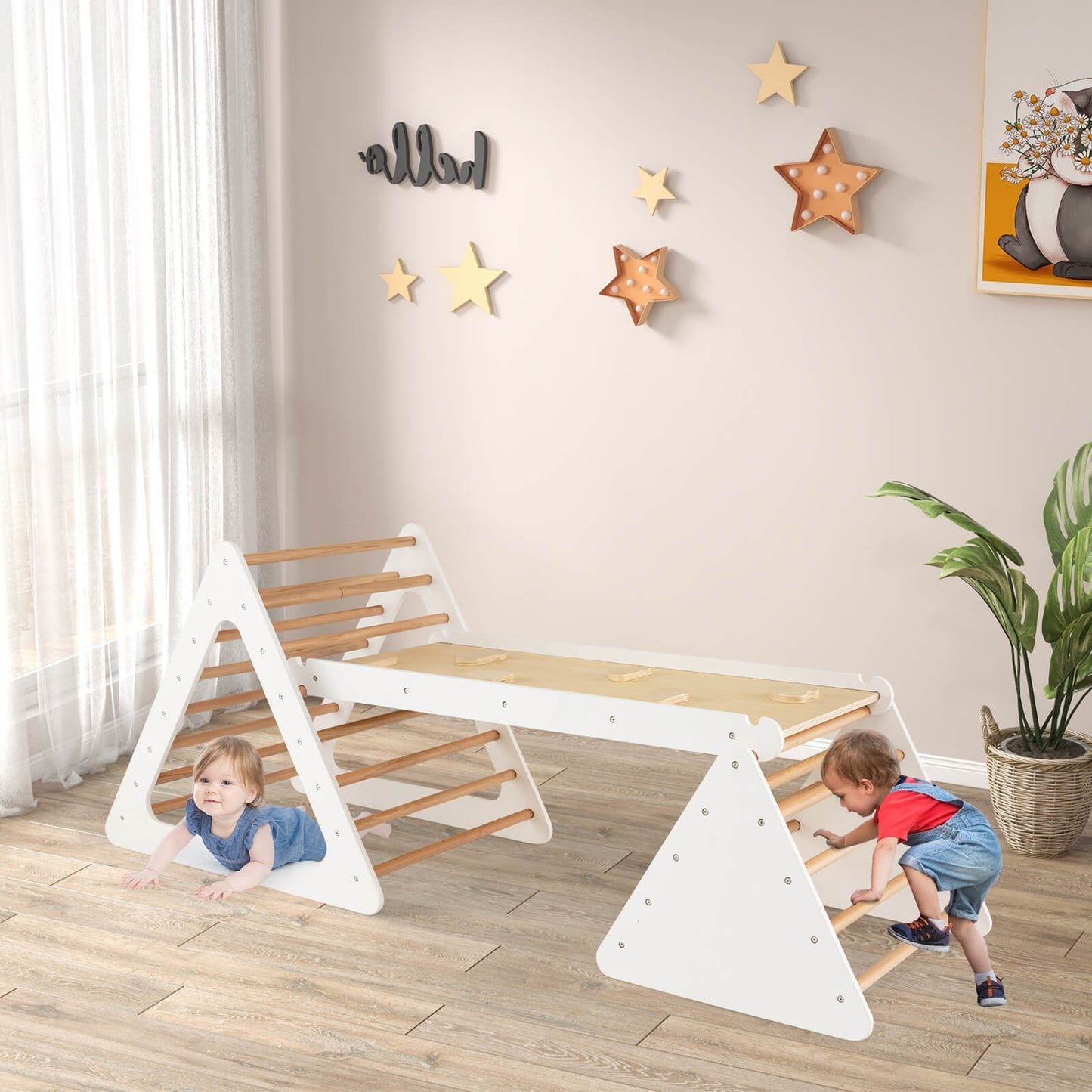 3 in 1 Climbing Toy Set with 2 Triangle Ladders and Double-Sided Ramp-White