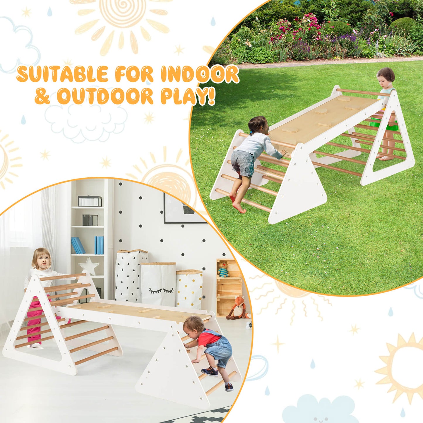3 in 1 Climbing Toy Set with 2 Triangle Ladders and Double-Sided Ramp-White