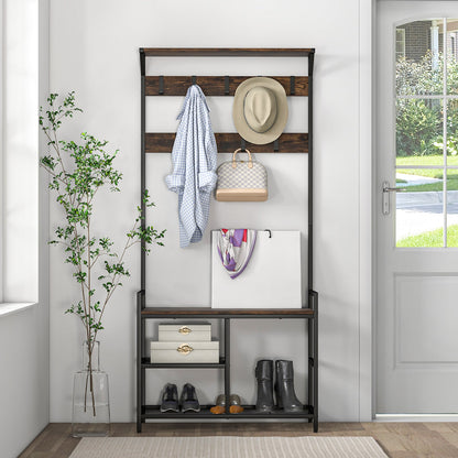 3-in-1 Coat Rack Freestanding Industrial Entryway Storage Shelf-Rustic Brown