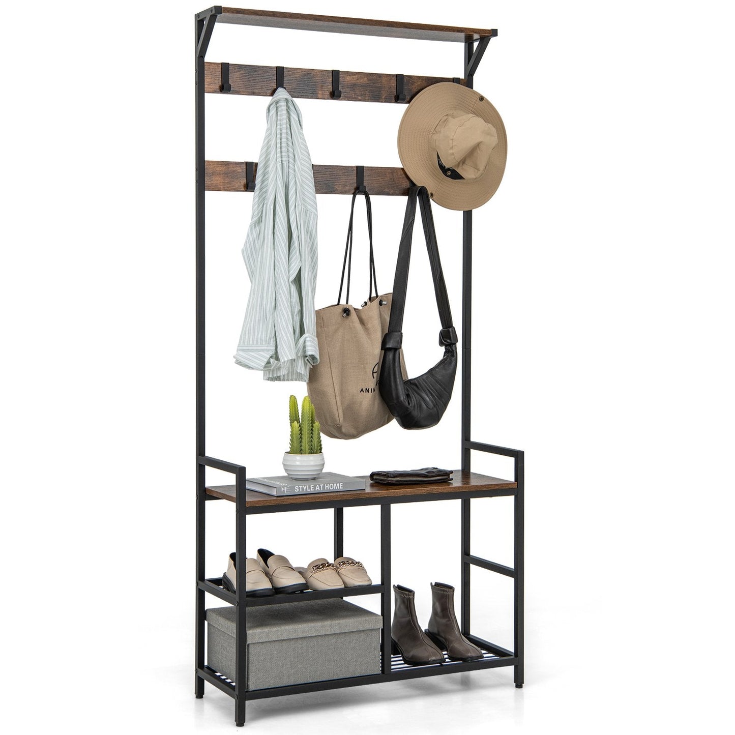 3-in-1 Coat Rack Freestanding Industrial Entryway Storage Shelf-Rustic Brown