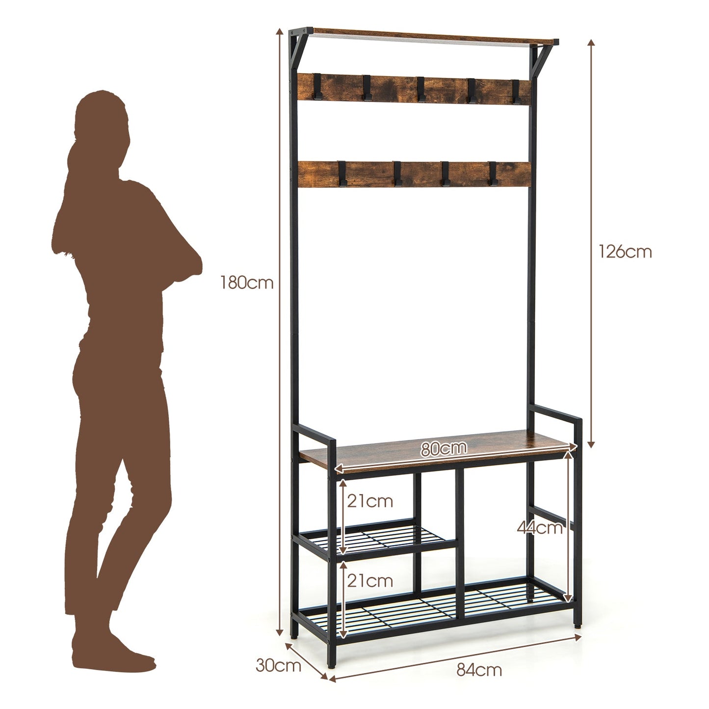 3-in-1 Coat Rack Freestanding Industrial Entryway Storage Shelf-Rustic Brown