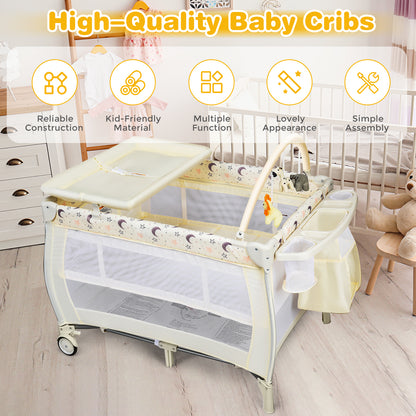 3 in 1 Convertible Bassinet Cot with Changing Table and Toy Bar-Beige