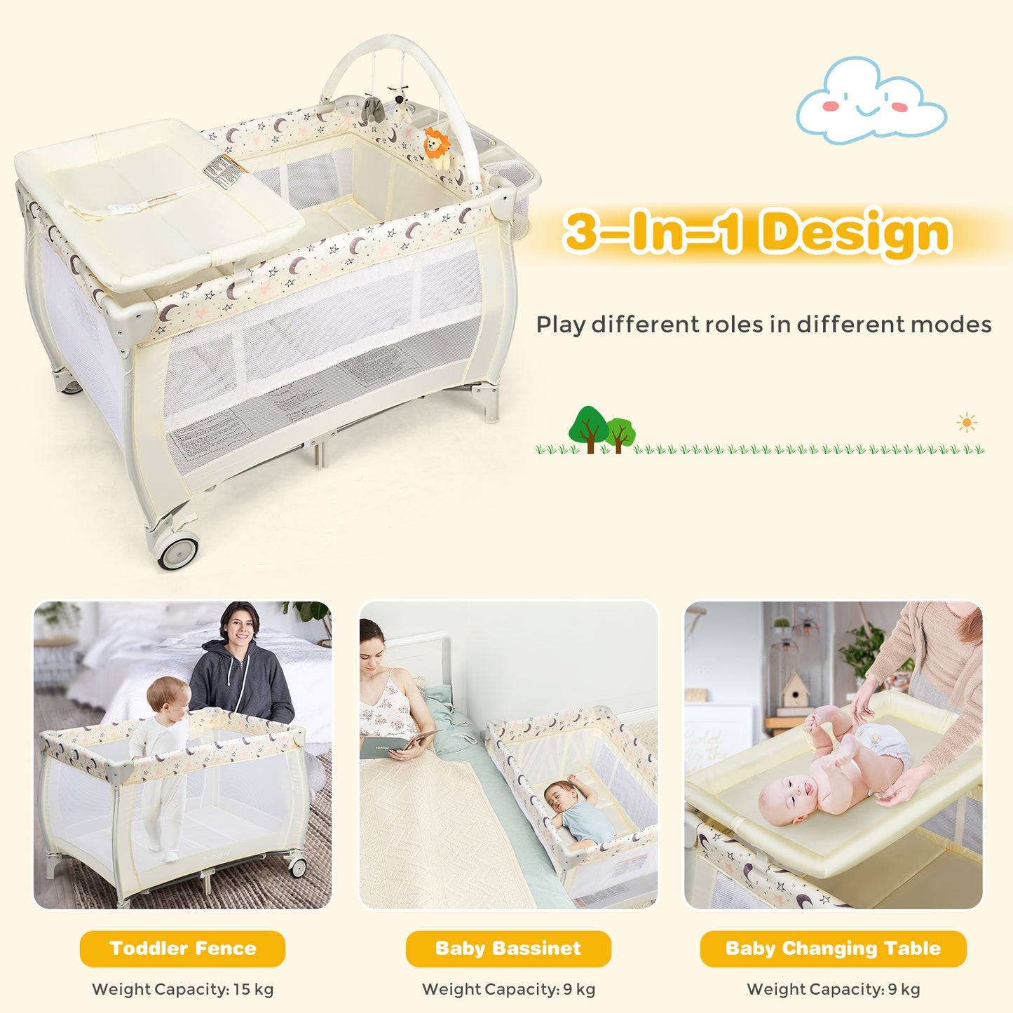 3 in 1 Convertible Bassinet Cot with Changing Table and Toy Bar-Beige