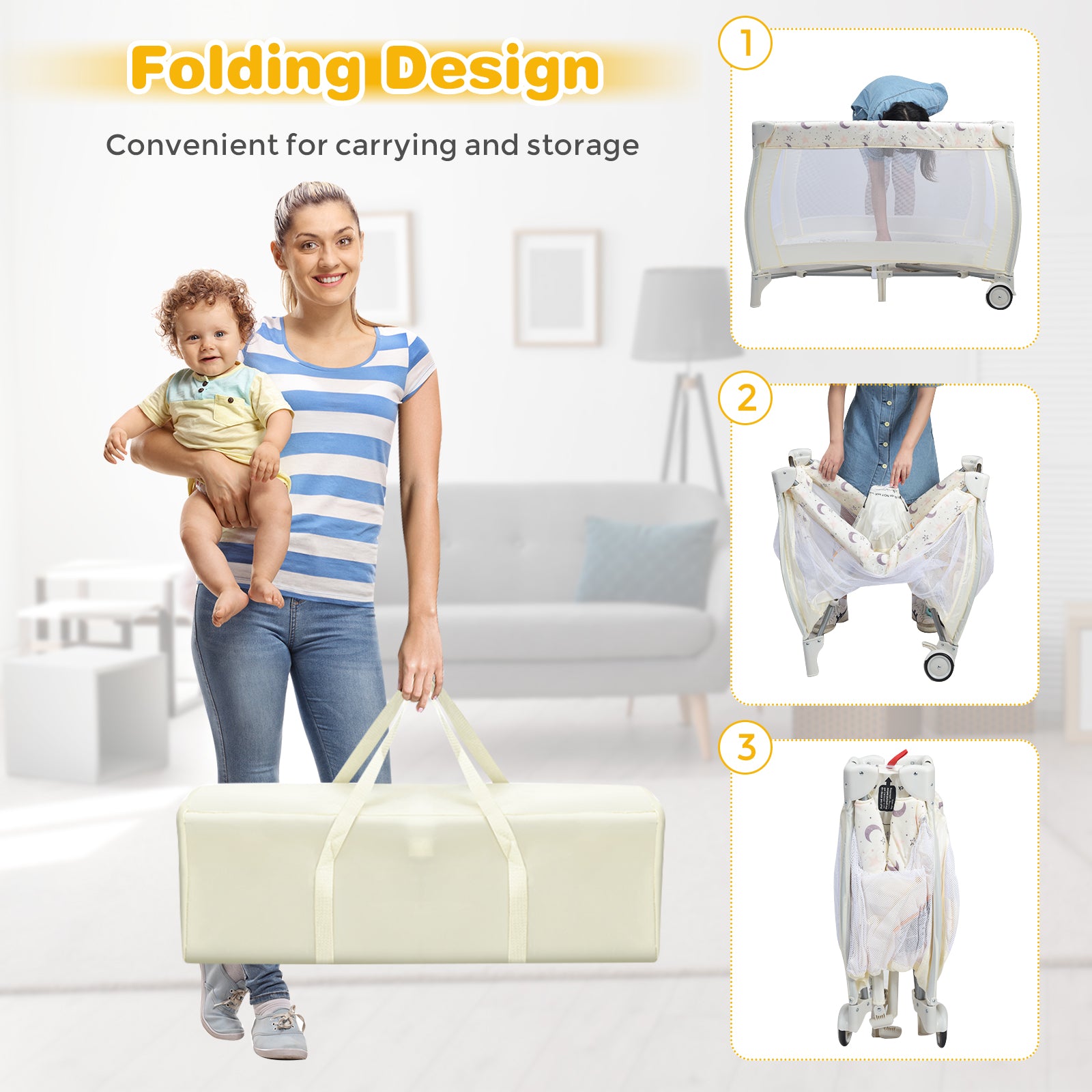 3 in 1 Convertible Bassinet Cot with Changing Table and Toy Bar-Beige