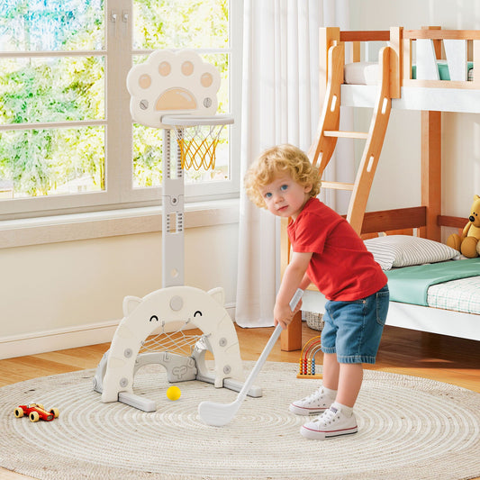 3-in-1 Kids Sports Center Adjustable Basketball Hoop with Soccer Game-White