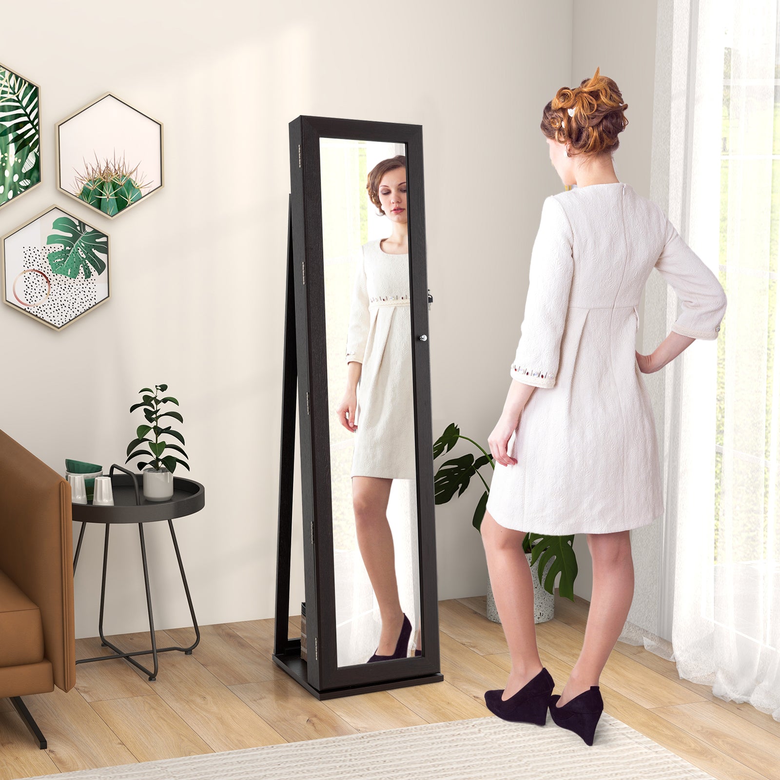 3-in-1 Mirrored Jewelry Armoire with Display Shelves-Coffee