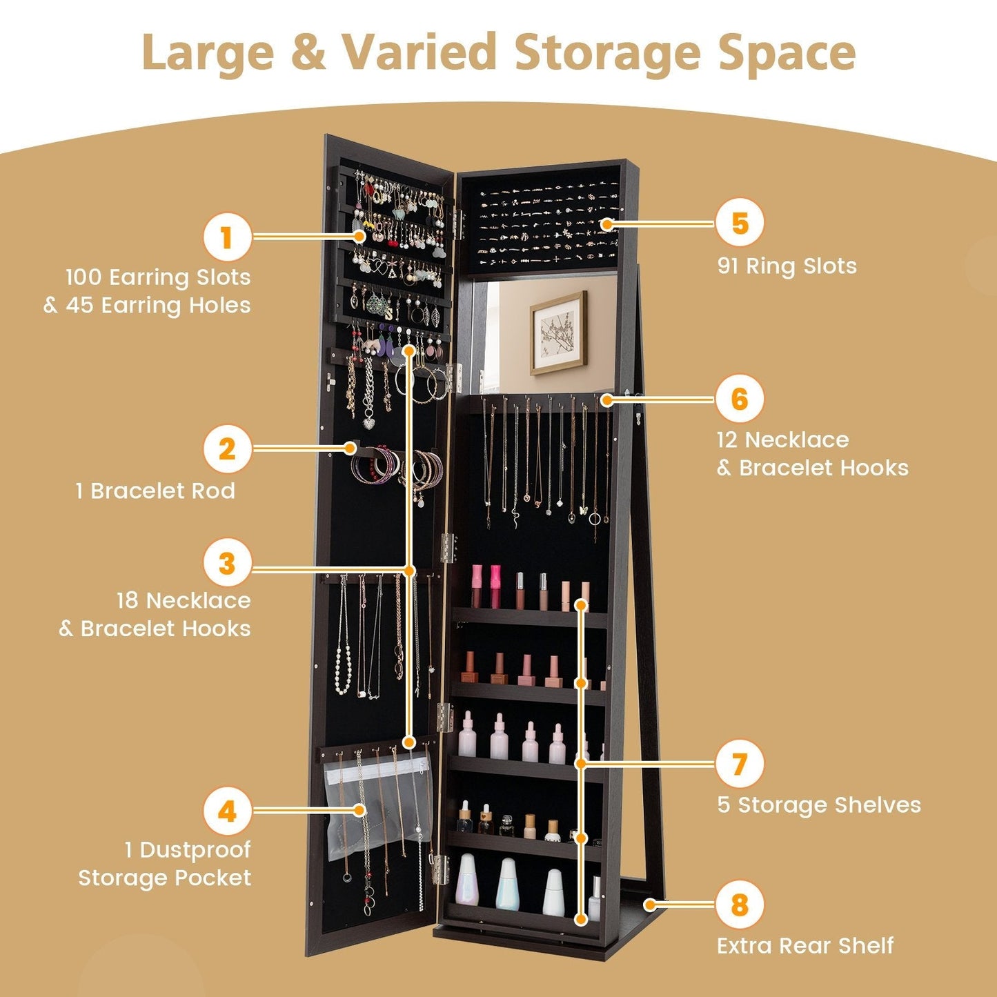 3-in-1 Mirrored Jewelry Armoire with Display Shelves-Coffee