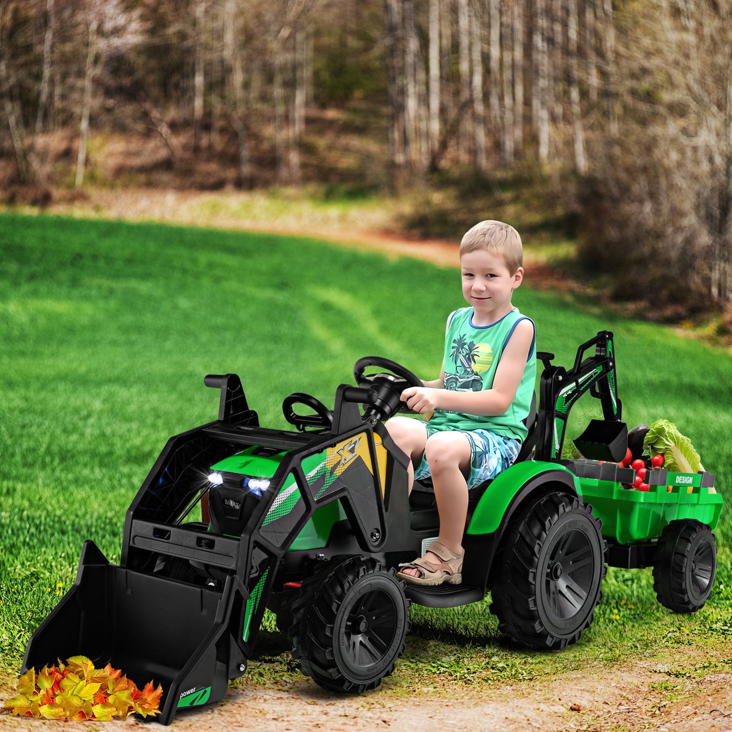 3 in 1 Ride on Tractor and Trailer with Shovel Bucket-Green