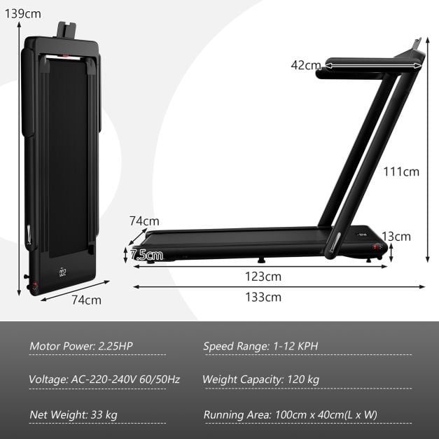 2.25 HP Foldable Treadmill 3 in 1 Walking Pad Under Desk Treadmill-Black
